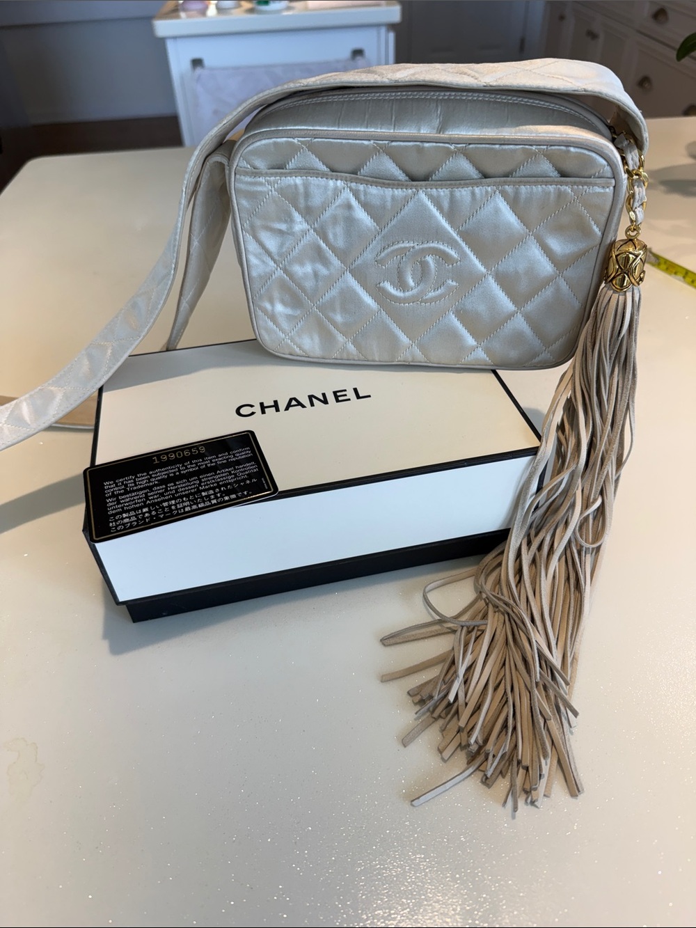 CHANEL Beige Quilted Crossbody Camera Bag with Tassel